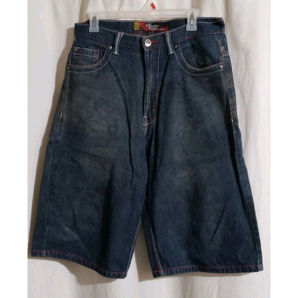 Brooklyn Xpress Mens Denim Shorts Sz 34 Dark Wash Phoenix Graphic Y2K Skater